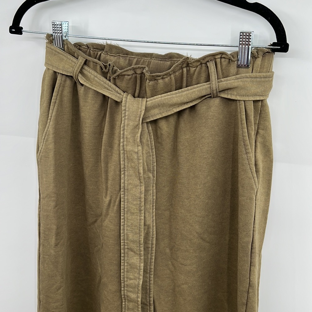 🆕Olive Green French Terry Paperbag Waist Tie High Waist Wide Leg Pants S,M & L - Picture 12 of 16